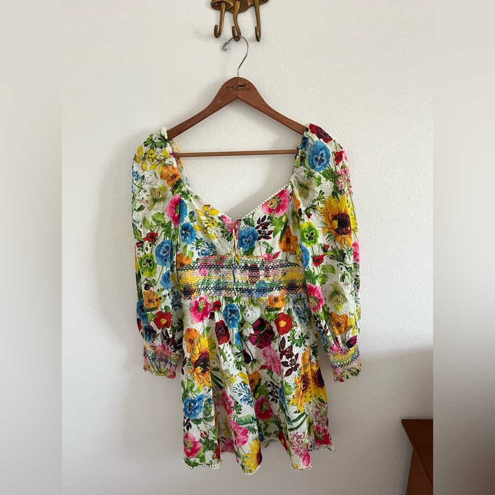 Alice and olivia Crawford Mini Dress in Sunday Stroll Multi Floral Eyelet 4 - Picture 4 of 13